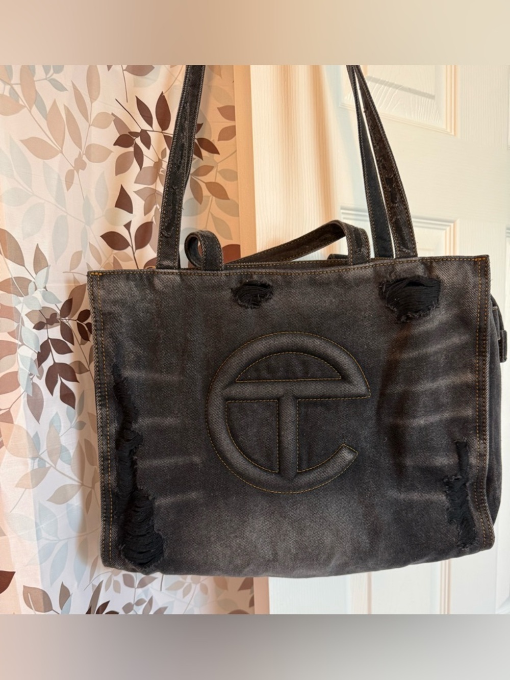 Telfar Medium Black Distressed Denim Tote Bag